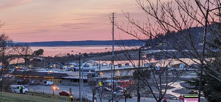 Purdy, WA, as viewed from Peninsula High School. The Purdy Bridge and Purdy Sandspit are visible in the background