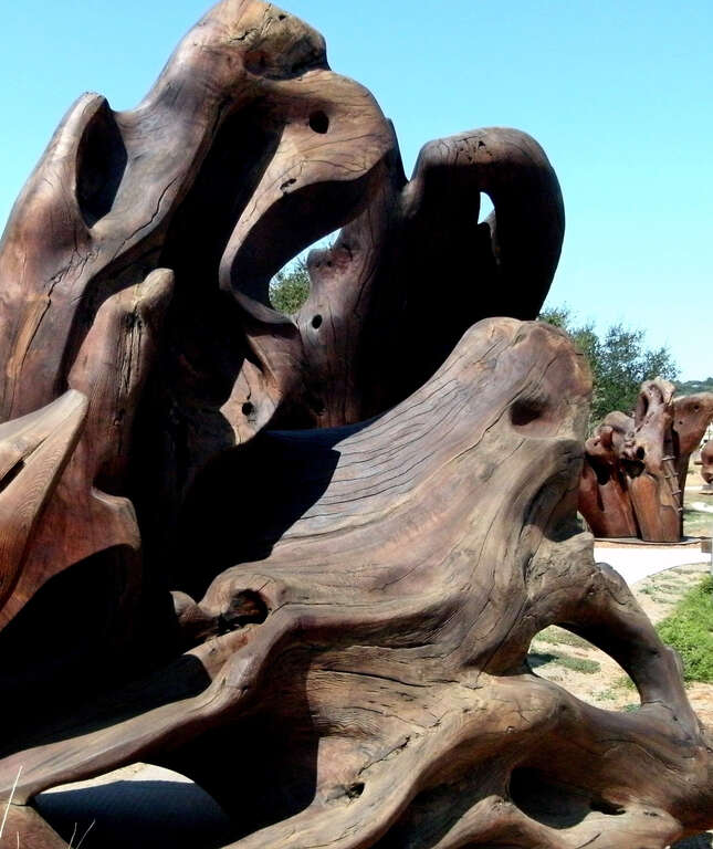 500px provided description: Created by acclaimed local sculptor Bruce Johnson. Made from salvaged old-growth redwood and metal that make up the first exhibit in the free outdoor sculpture garden at Luther Burbank Center for the Arts in Santa Rosa,