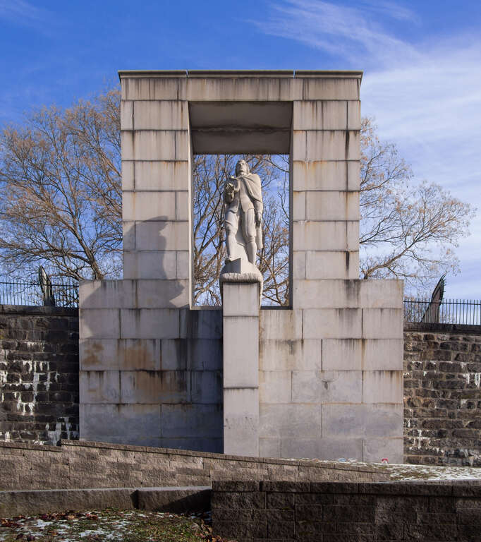 Roger Williams statue and final burial site in Prospect Terrace in Providence, Rhode Island. [perspective correction]