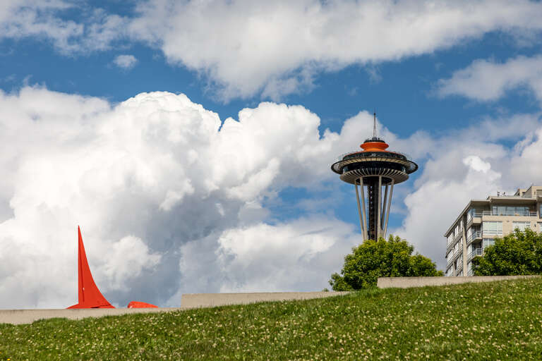 View over Olympic Sculpture Park to the Space Needle in Seattle, Washington, USA