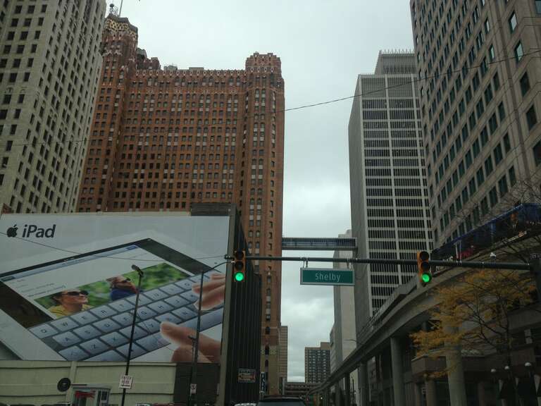 View of Downtown Detroit from Street, Detroit, Michigan, USA.