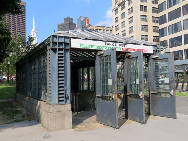 The south headhouse for the westbound Green Line platform at Park Street station in July 2019