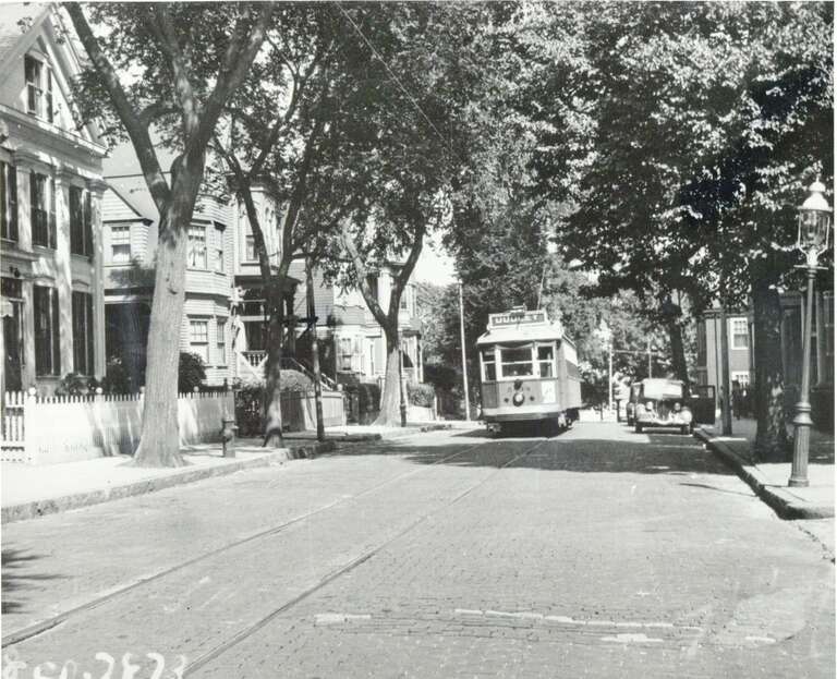 A Type 4 (Jewett Type 4A3) streetcar on East Fourth Street in 1940, bound for Dudley on route 8. (The source says East 8th Street, which was bustituted in 1929; the house at far left still stands as 924 East 4th.)