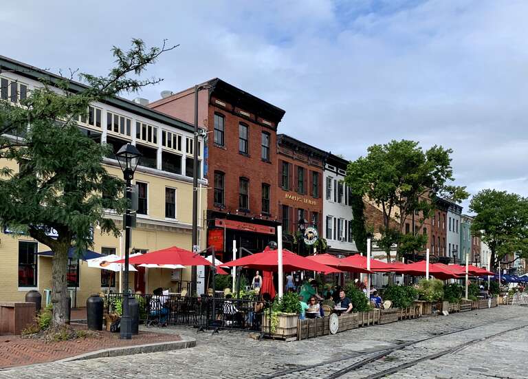 Businesses along Thames Street in Fell's Point, Baltimore, Maryland.