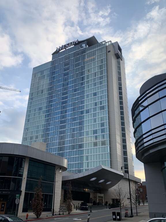 Photo of the Westin Hotel in Nashville taken from the Convention Center sidewalk.