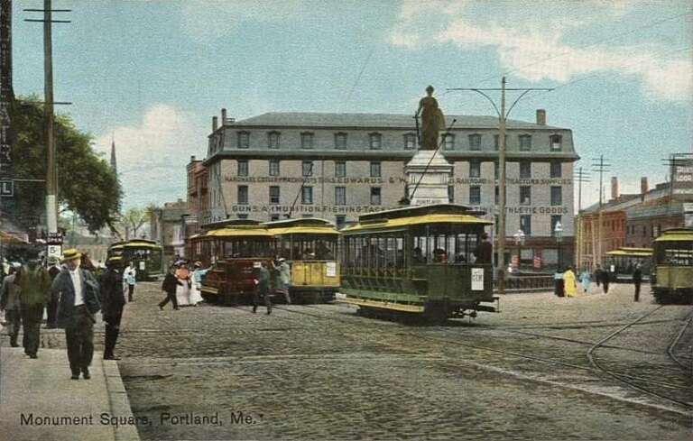 Trolleys in Monument Square, Portland, Maine; from a 1909 postcard published by the Hugh C. Leighton Company, Portland, Maine. (see also en:Category:Images of Maine)