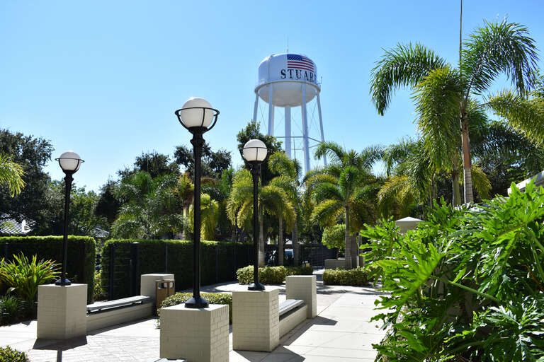 The water tower in Stuart, Florida, photographed from the courtyard at Peter L. Cheney Courthouse.