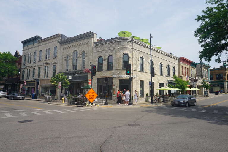 The intersection of West Main Street and Clinton Street in Waukesha, Wisconsin (United States).