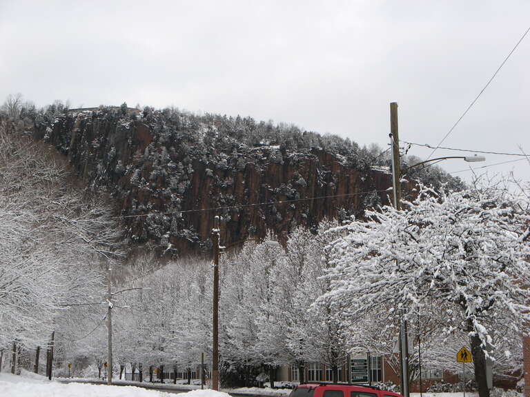 West Rock in the snow as seen from Westville - a little more imposing than East Rock.