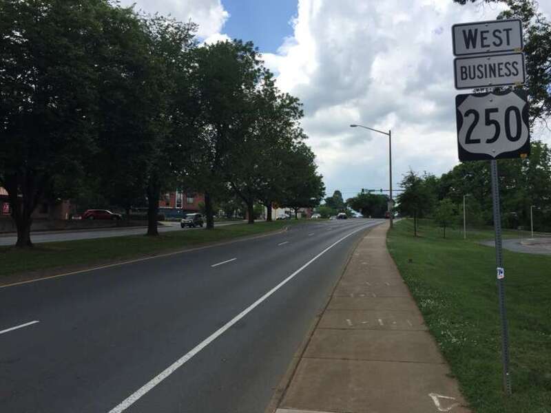 View west along U.S. Route 250 Business (Preston Avenue) just west of McIntire Road in Charlottesville, Virginia
