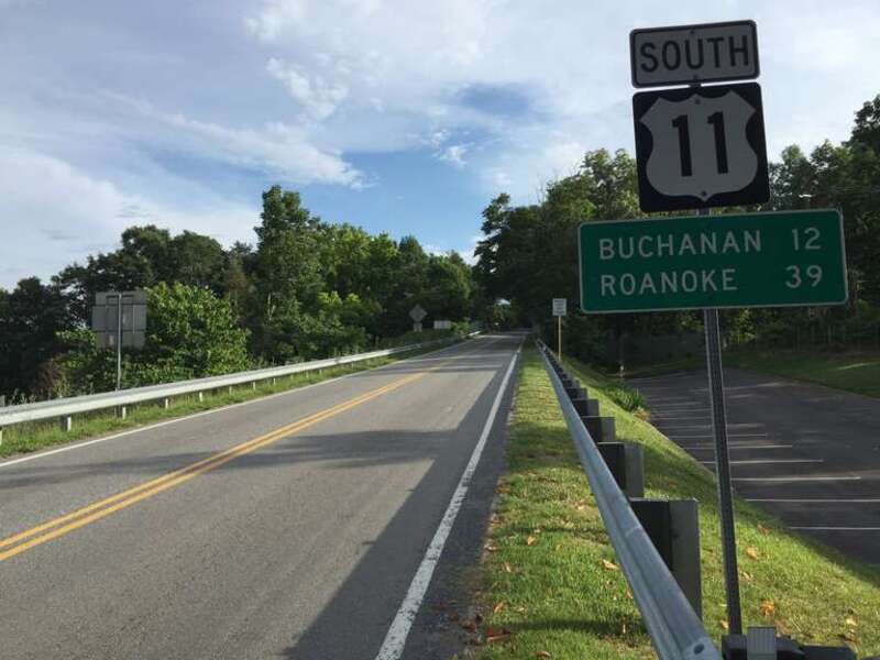 View south along U.S. Route 11 (Lee Highway) at Virginia State Route 130 (Wert Faulkner Highway) just north of the Natural Bridge in Natural Bridge, Rockbridge County, Virginia