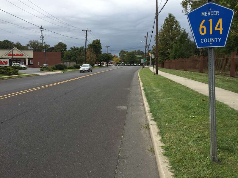 View west along Nottingham Way (Mercer County Route 614) at New Jersey State Route 33 (Greenwood Avenue) in Hamilton Township, Mercer County, New Jersey