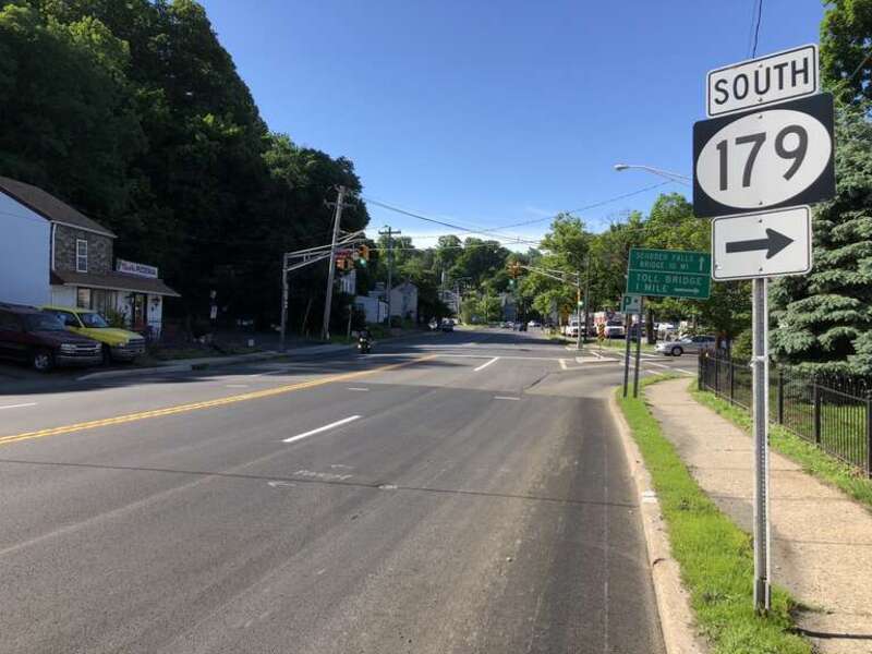 View south along New Jersey State Route 179 (Franklin Street) just north of New Jersey State Route 29 (Bridge Street) and New Jersey State Route 165 in Lambertville, Hunterdon County, New Jersey