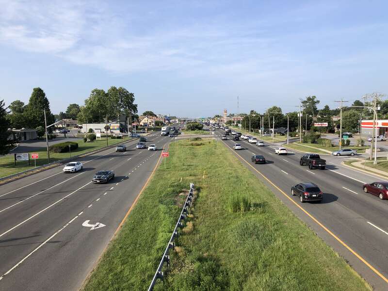 View north along U.S. Route 13 and east along U.S. Route 40 (DuPont Highway) from the pedestrian overpass at Harrison Avenue and Stahl Avenue in Wilmington Manor, New Castle County, Delaware