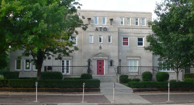 Alpha Tau Omega fraternity house at University of Nebraska-Lincoln; located at 1433 R Street in Lincoln, Nebraska.  View is from the north.