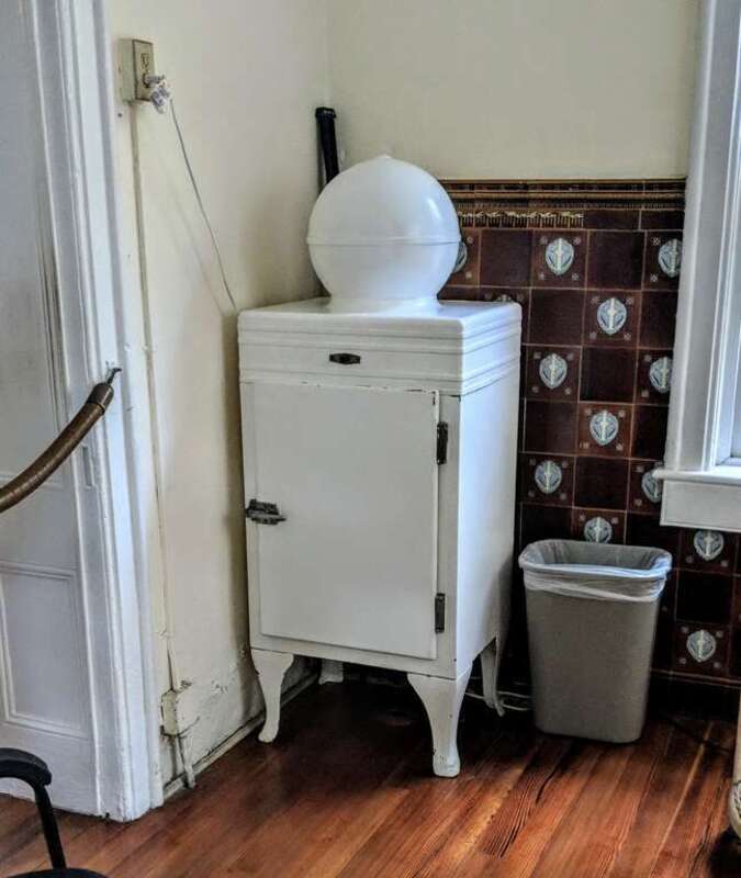 An antique General Electric &quot;globe top&quot; refrigerator in the kitchen of the Ernest Hemingway House in Key West, Florida. Manufactured in the 1930s. Photo by Jim Heaphy.