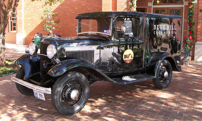 An old Blue Bell Creameries delivery truck in front of the factory in Brenham, Texas, United States.