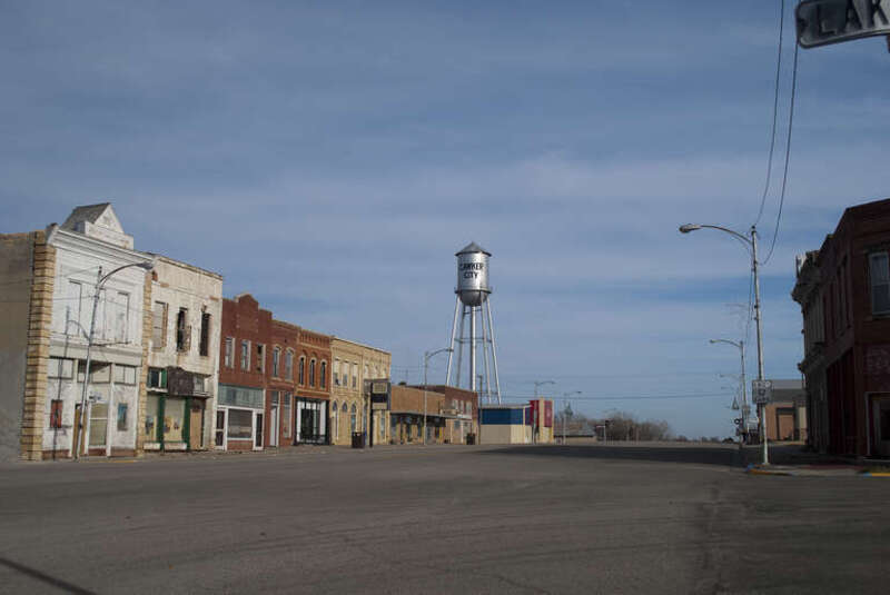 A view of downtown Cawker City, Kansas and the Cawker City water tower.