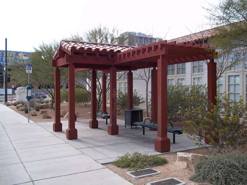 A customized bus stop located on the Las Vegas Blvd. side of the Old Fifth Street School Historic Site. Las Vegas, Nevada. Operated by the Regional Transportation Commission of Southen Nevada.