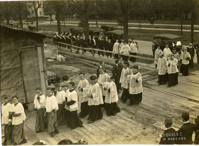 Loyola University, New Orleans, McDermott Memorial Church cornerstone ceremony (now Holy Name of Jesus Church). Photographer Coquille .