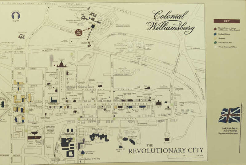 A map of Colonial Williamsburg at the Colonial Williamsburg Regional Visitor Center.