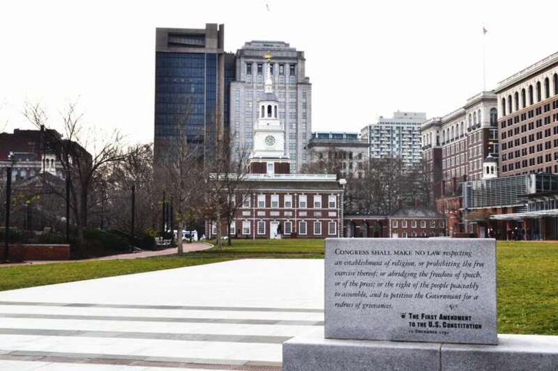 This image shows the inscription of the First Amendment to the U.S. Constitution (15th December, 1791) in front of Independence Hall in Philadelphia, Pennsylvania, United States of America.