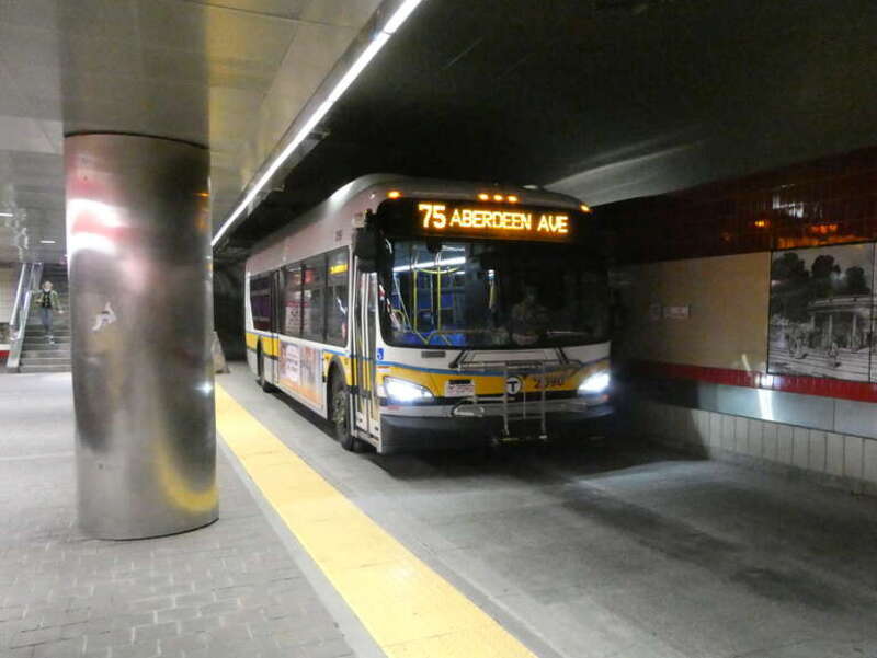 MBTA route 75 bus northbound in the Harvard Bus Tunnel in March 2022. This bus is signed for the Aberdeen Avenue short turn - formerly the route 72 trolleybus.