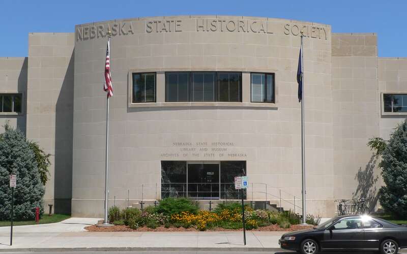 Central section of Nebraska State Historical Society building, located at 1500 R Street, on the campus of the University of Nebraska in Lincoln, Nebraska.