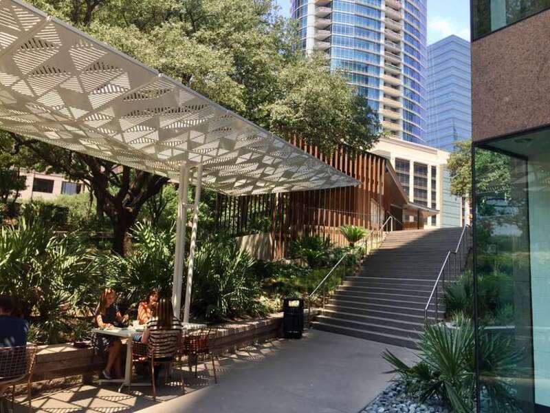 The plaza courtyard in front of One Congress Plaza in Austin, Texas.