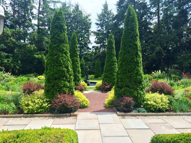 Prospect House, a National Historic Landmark, is the faculty dining club of Princeton University.  This is a view of the central part of the garden, looking towards the fountain from the back steps of the house.