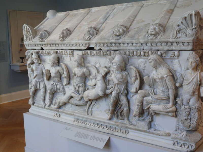 Sarcophagus with scenes of the Trojan War in the Rhode Island School of Design Museum, Providence, RI. 
Roman
2nd century AD
Marble (from Dokimeion, modern Afyon, Turkey)
Museum appropriation fund 21.074