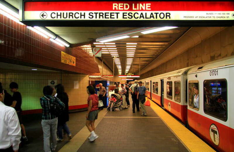 An outbound Red Line train at Harvard station in September 2010