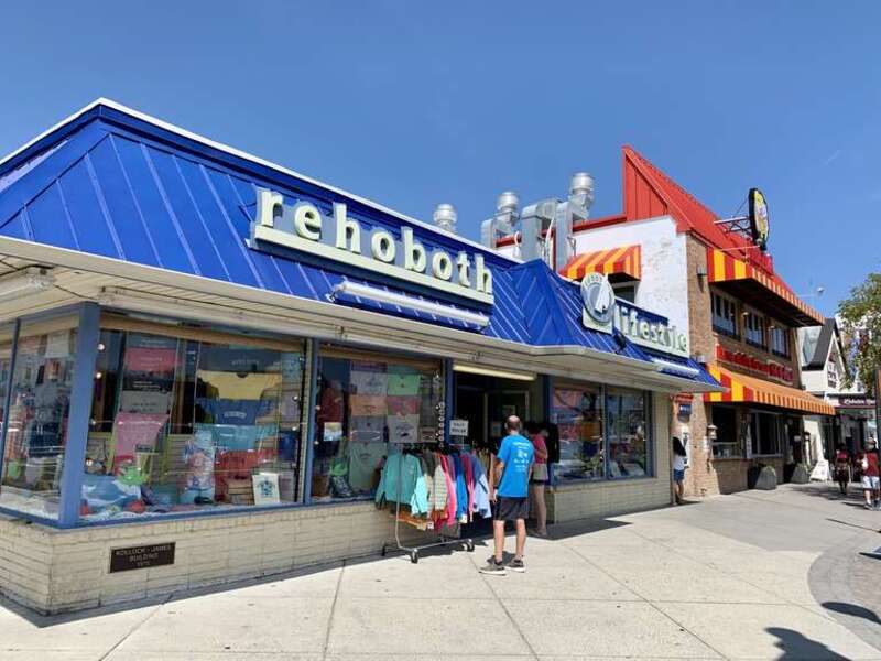 Shops along Rehoboth Avenue in Rehoboth Beach, Delaware.