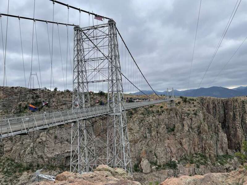 The Royal Gorge Bridge over Royal Gorge in the Arkansas River west of Cañon City, Colorado, looking south from an overlook on the north side of Royal Gorge