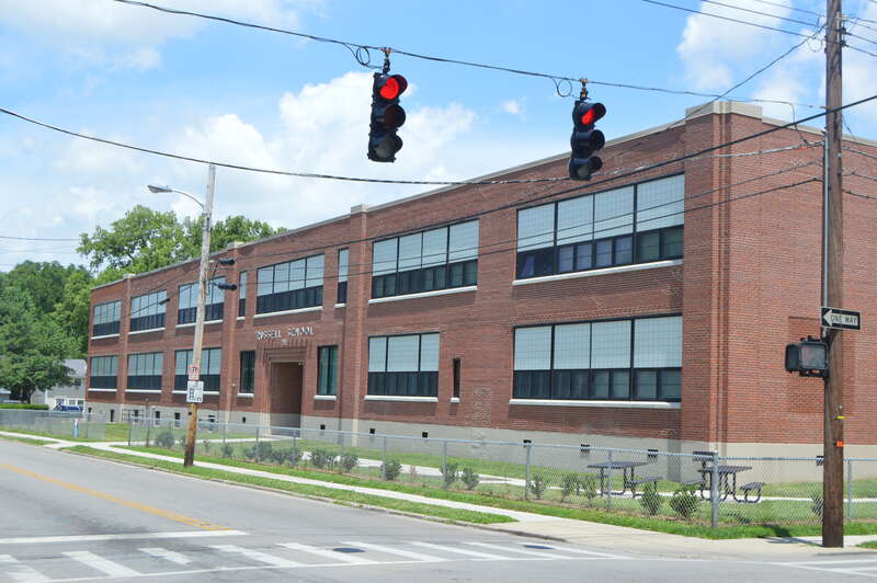 Front of the Russell School, located at 201 W. Fifth Street in Lexington, Kentucky, United States.  Built in 1954, it is listed on the National Register of Historic Places.