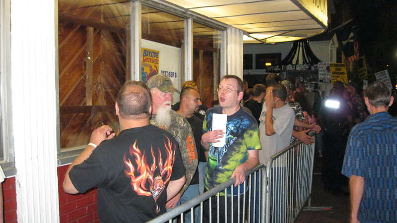 People stand in line outside Toad's Place concert hall in New Haven, CT on 8/6/13 to see Ted Nugent. A protest event was held outside in response to inflammatory remarks made by Ted Nugent regarding the shooting of Trayvon Martin.