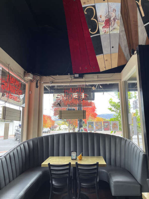 Seating area at Ukiah Brewing Company and Restaurant, Ukiah, California.