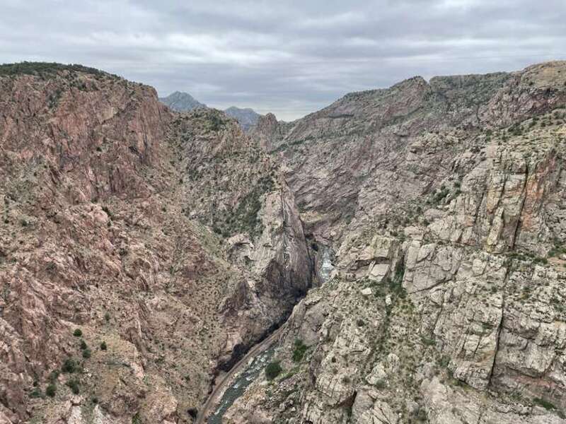 View east of the Royal Gorge in the Arkansas River from the Royal Gorge Bridge west of Cañon City, Colorado