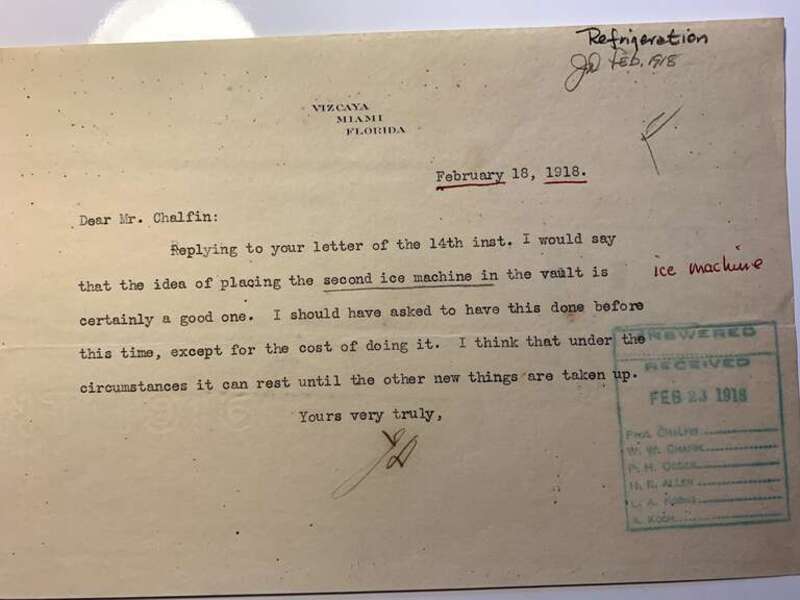 Letter February 18th, 1918
From: James Deering, Vizcaya’s Owner
To: Paul Chalfin, Vizcaya’s Artistic Director
Topic:  Ice machine, cooling system, refrigerator. 

c/o Yours truly, J.D., the Correspondence of James Deering, Archives and collections,