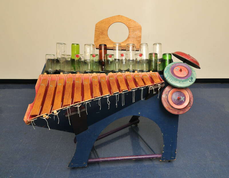 Harry Partch's Zymo-Xyl, a percussion instrument made of bamboo, liquor bottles, and hubcaps. Photographed at the Harry Partch Institute at Montclair State University.