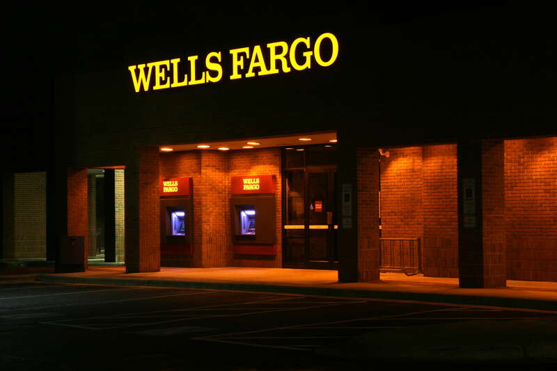 Wells Fargo walk up ATMs lit at night on Ninth Street in Durham, North Carolina.