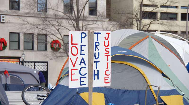 Rainbow flags adorn the Occupy Freedom Plaza camp