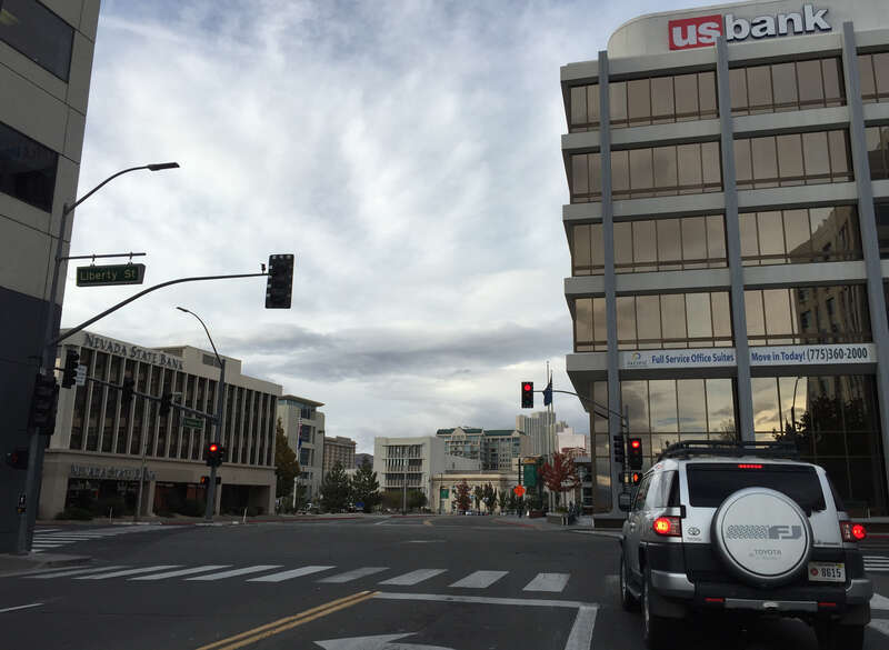 View north along Virginia Street (U.S. Route 395 Business) at Liberty Street in Reno, Nevada