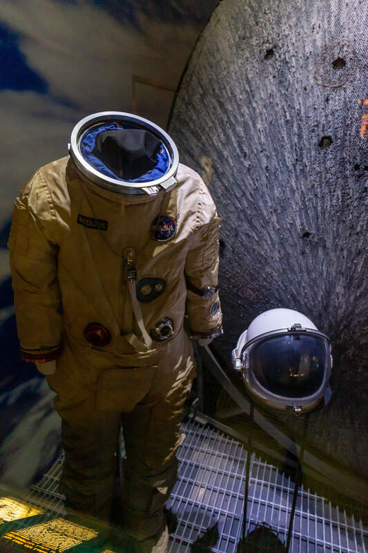 Michael Collins's spacesuit flown on Gemini 10 on display at the Cosmosphere in Hutchinson, Kansas.