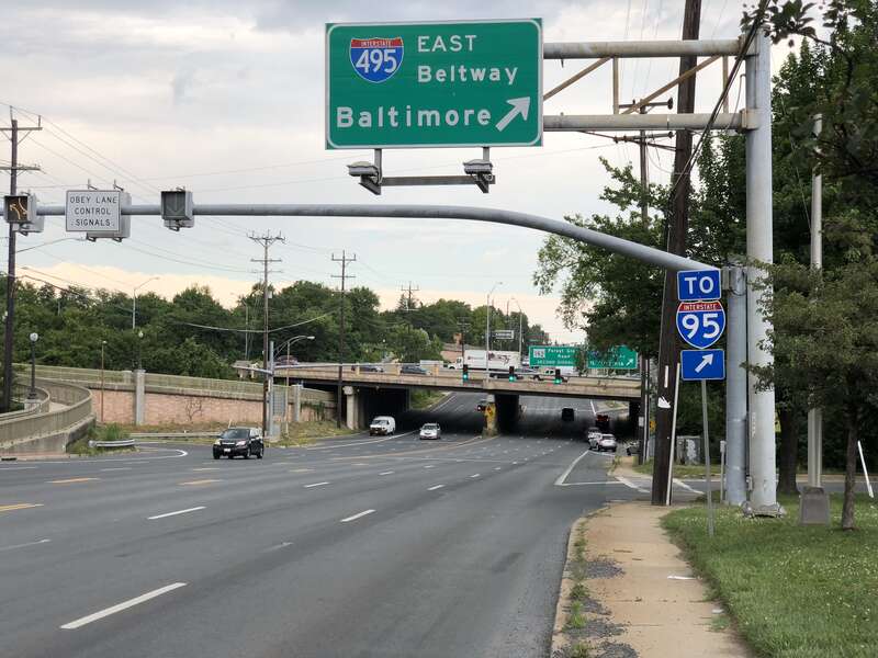View north along Maryland State Route 97 (Georgia Avenue) at the exit for Interstate 495 EAST (Baltimore) in Silver Spring, Montgomery County, Maryland