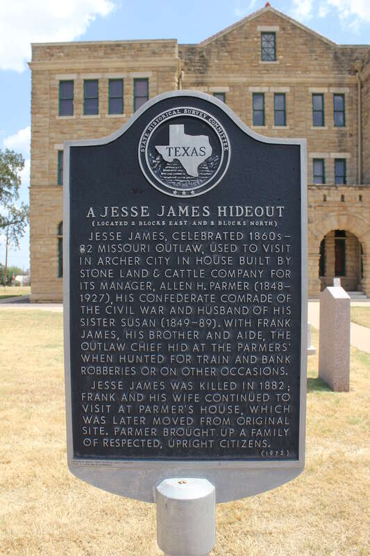 Jesse James, celebrated 1860s-1882 Missouri outlaw, used to visit in Archer City in house built by Stone Land and Cattle Company for its manager, Allen H. Parmer (1848-1927), his Confederate comrade of the Civil War and husband of his sister Susan
