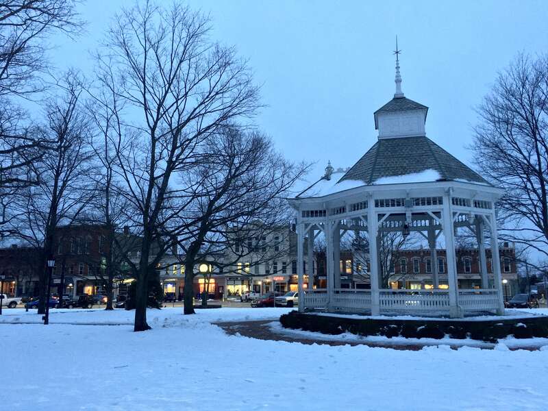 View of Chardon Square showing the gazebo and Main Street in the background, Chardon, Ohio, February 2020.