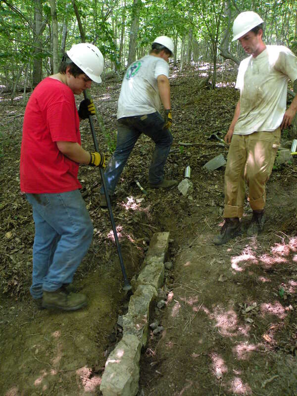 YCC crew members build a water bar at White Sulfur Springs National Fish Hatchery.