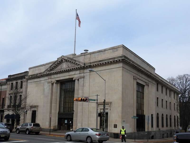 Looking north across Bloomfield Avenue at Chase branch on a cloudy afternoon