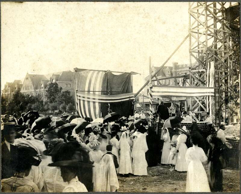 Handwritten inscription on reverse reads: &quot;Cornerstone of Thomas Hall.&quot;